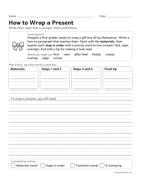 Preview of the printable “How to wrap a Present: christmas How-To writing for 4th grade” worksheet: writing an informative how-to text with steps linked by transition words and precise language