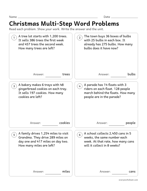 Preview of the printable “Christmas Multi-Step word problems” worksheet: solving multi-step word problems with whole numbers