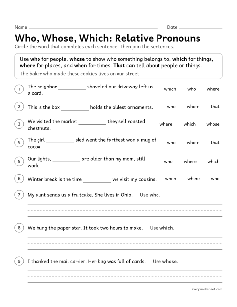 Preview of the printable “Christmas relative Pronouns: Who, Whose, Which, that” worksheet: using relative pronouns (who, whose, whom, which, that) and relative adverbs (where, when)
