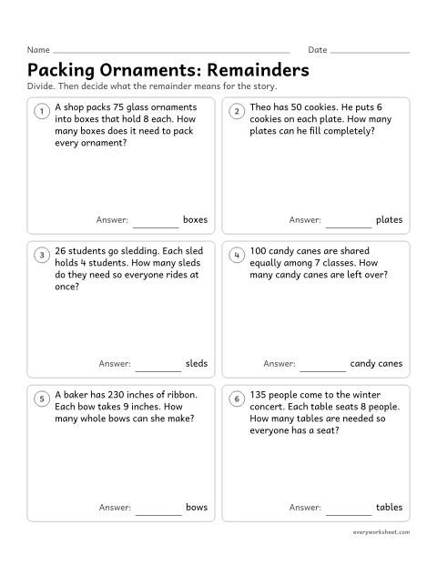 Preview of the printable “Packing Ornaments: remainder word problems” worksheet: solving division word problems and interpreting remainders