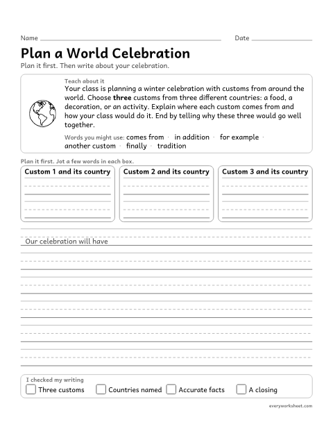 Preview of the printable “Plan a holiday celebration from around the World: writing prompt” worksheet: writing an informative text that groups related information and uses facts and details