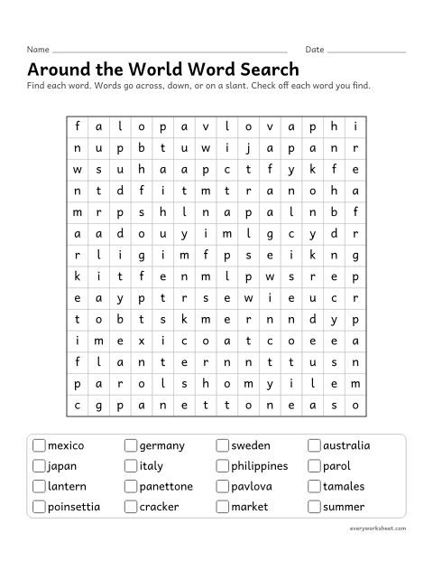 Preview of the printable “Christmas around the world word search” worksheet: reading and finding words about holiday customs around the world