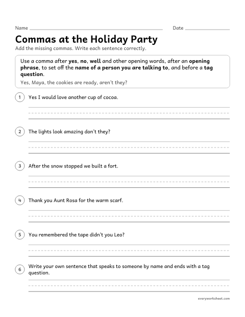 Preview of the printable “Christmas comma Practice: introductory Words, names and tag questions” worksheet: using commas to set off yes and no, tag questions, direct address and introductory elements