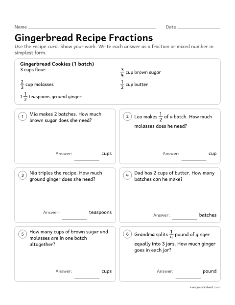 Preview of the printable “Gingerbread recipe fractions” worksheet: multiplying and dividing fractions and adding fractions with unlike denominators in recipe problems