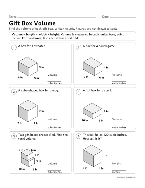 Preview of the printable “Gift box volume” worksheet: finding the volume of rectangular prisms and of figures made of two prisms