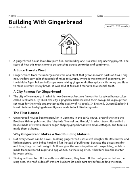 Preview of the printable “Building with Gingerbread: nonfiction reading passage for 5th grade” worksheet: comparing the overall structure of a text, such as chronology and cause and effect, across its sections