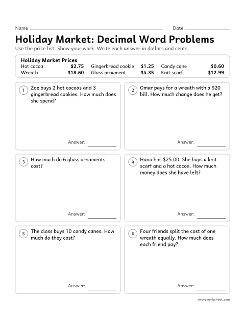 Preview of the printable “Holiday Market: decimal word problems” worksheet: adding, subtracting, multiplying and dividing decimals to hundredths in money problems
