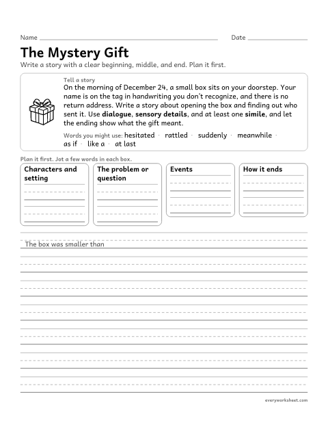 Preview of the printable “The mystery Gift: christmas narrative writing prompt for 5th grade” worksheet: writing a narrative with dialogue, description, transitions and a conclusion