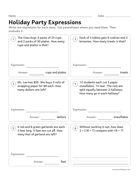 Preview of the printable “Holiday party expressions” worksheet: writing and evaluating numerical expressions with parentheses and brackets