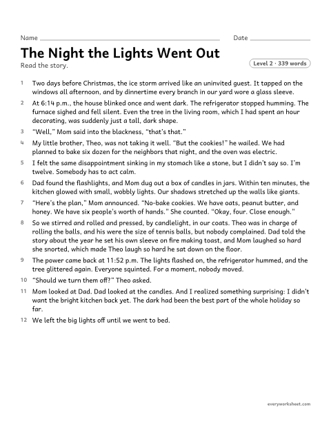 Preview of the printable “The night the lights went Out: christmas reading passage for 5th grade” worksheet: determining the meaning of words and phrases in a story, including figurative language such as similes and metaphors