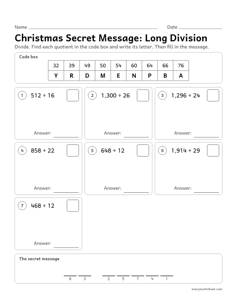 Preview of the printable “Christmas secret Message: long division” worksheet: dividing up to four-digit numbers by two-digit divisors (secret message puzzle)