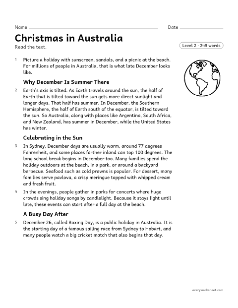 Preview of the printable “Christmas in Summer: australia reading passage” worksheet: explaining the relationship between events or ideas in a scientific text, based on specific information in the text