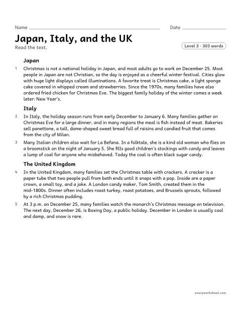 Preview of the printable “Christmas in Japan, italy and the UK: reading passage” worksheet: analyzing multiple accounts of the same topic, noting important similarities and differences