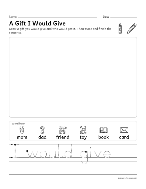 Preview of the printable “A gift I would Give: christmas writing prompt” worksheet: drawing and writing to tell about a gift for someone