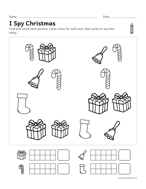 Preview of the printable “Christmas I spy for preschool” worksheet: finding and counting pictures to 6