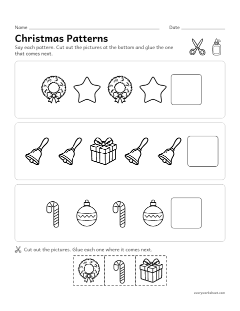 Preview of the printable “Christmas patterns cut and paste” worksheet: finishing AB and AAB picture patterns
