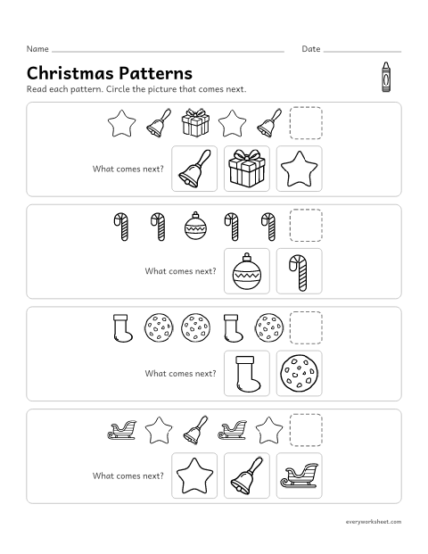 Preview of the printable “Christmas patterns for kindergarten” worksheet: finishing AB, AAB, ABB and ABC patterns
