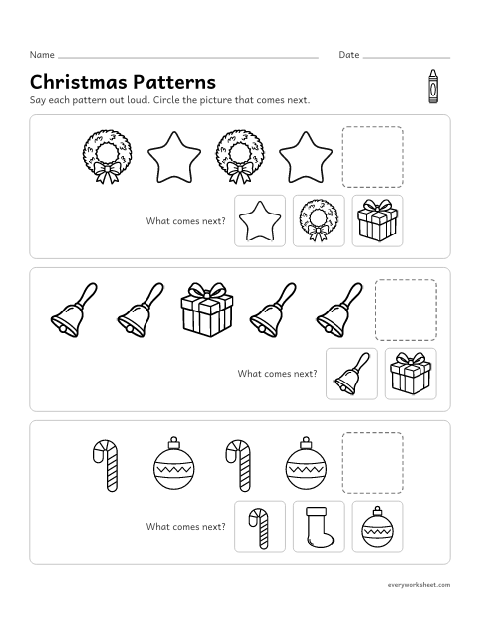 Preview of the printable “Christmas Patterns: what comes Next?” worksheet: finishing AB and AAB picture patterns