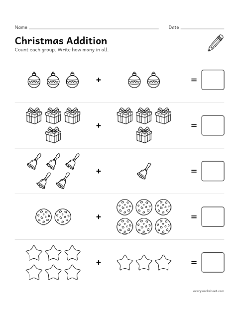 Preview of the printable “Christmas picture addition within 10” worksheet: adding within 10 with pictures