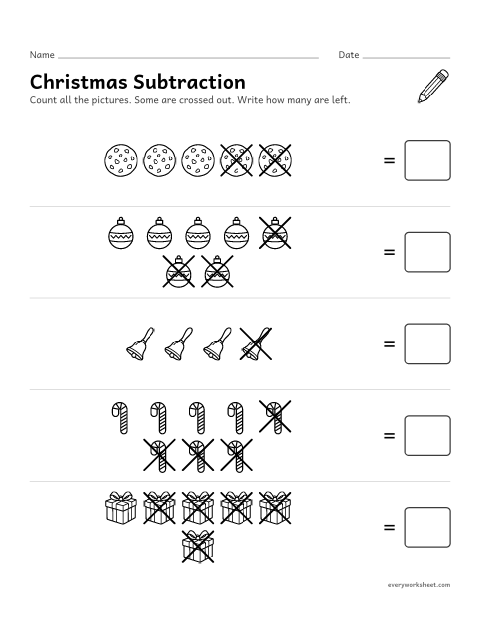 Preview of the printable “Christmas picture subtraction within 10” worksheet: subtracting within 10 with pictures