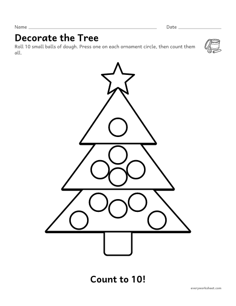 Preview of the printable “Christmas tree playdough mat” worksheet: rolling small balls of dough and counting to 10