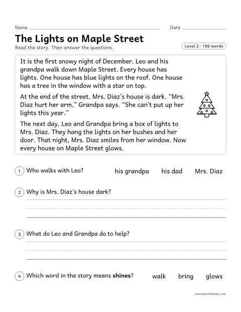 Preview of the printable “The lights on maple Street: christmas reading passage” worksheet: reading a short story and answering questions about characters and events