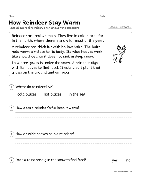 Preview of the printable “How reindeer stay Warm: nonfiction reading passage” worksheet: reading a nonfiction passage and answering questions about key details