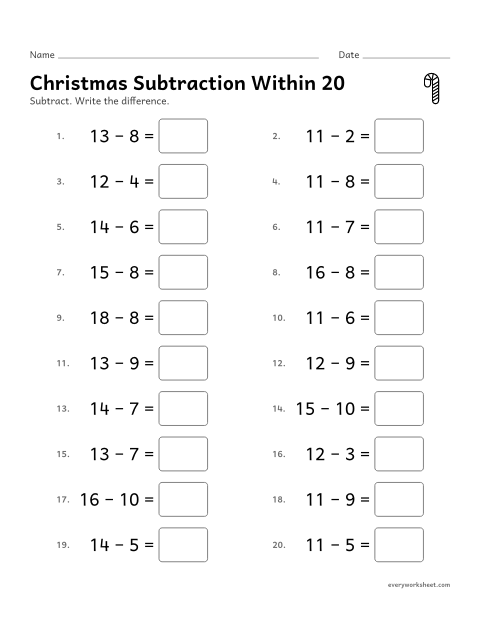 Preview of the printable “Christmas subtraction within 20” worksheet: subtracting from 11 to 20