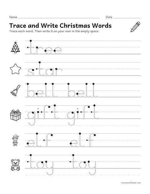 Preview of the printable “Christmas word tracing for kindergarten” worksheet: tracing and writing short Christmas words