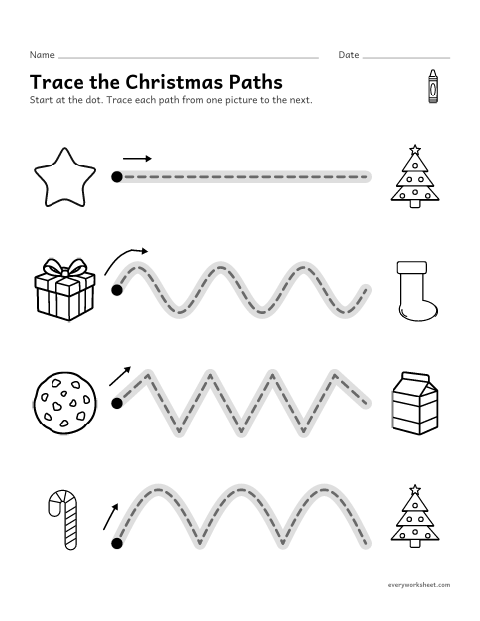 Preview of the printable “Christmas trace the path” worksheet: tracing straight, wavy, zigzag and arched paths