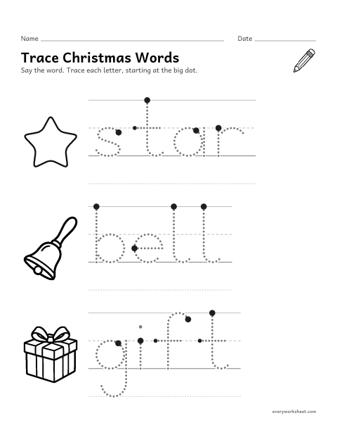 Preview of the printable “Trace christmas words for preschool” worksheet: tracing big letters in short Christmas words