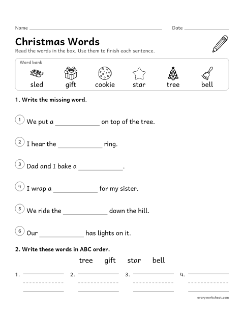 Preview of the printable “Christmas vocabulary and spelling words” worksheet: using Christmas words in sentences and putting words in ABC order