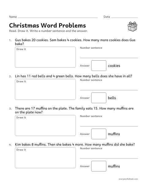 Preview of the printable “Christmas word problems” worksheet: solving Christmas add, take away and compare word problems within 20