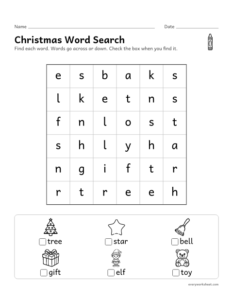 Preview of the printable “Christmas word search for kindergarten” worksheet: finding and reading short Christmas words