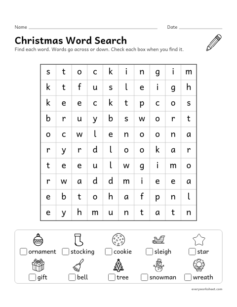 Preview of the printable “Christmas word search for 1st grade” worksheet: finding and reading Christmas words