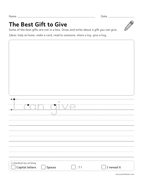 Preview of the printable “The best gift to Give: christmas writing prompt” worksheet: writing an opinion with a reason