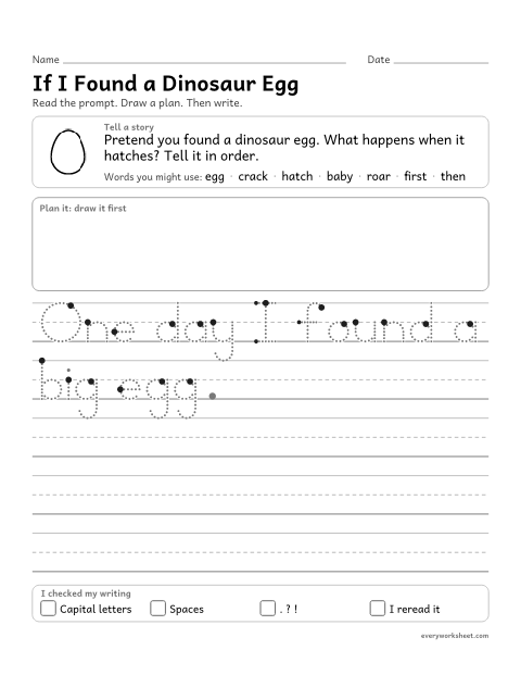 Preview of the printable “If I found a dinosaur egg” worksheet: writing an imagined story with events in order