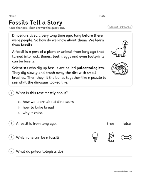 Preview of the printable “Fossils tell a story” worksheet: finding the meaning of new words in a nonfiction text