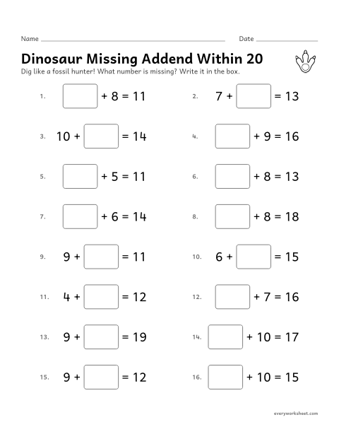 Preview of the printable “Dinosaur missing addend within 20” worksheet: finding a missing addend within 20