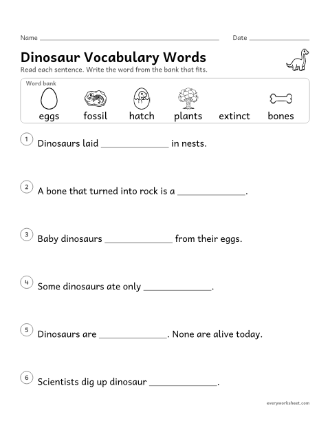 Preview of the printable “Dinosaur vocabulary words” worksheet: using sentence clues to choose the word that fits
