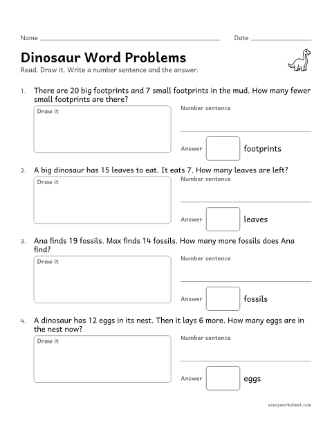 Preview of the printable “Dinosaur word problems” worksheet: solving add, take away and compare word problems within 20
