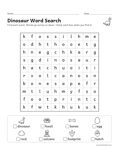 Preview of the printable “Dinosaur word search” worksheet: reading and finding dinosaur words