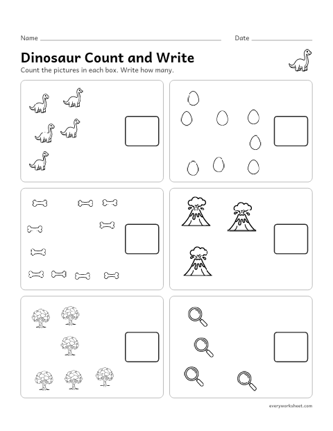 Preview of the printable “Dinosaur count and write” worksheet: counting up to 10 objects in a scattered group and writing the number