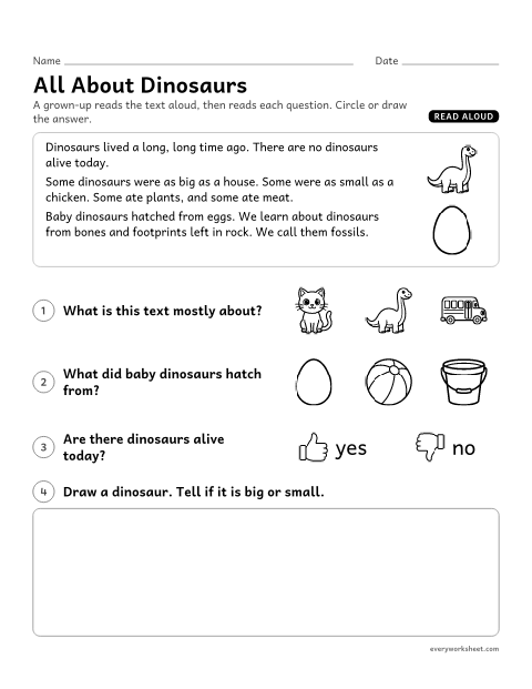 Preview of the printable “All about dinosaurs” worksheet: listening to an informational text and naming the main topic and key details