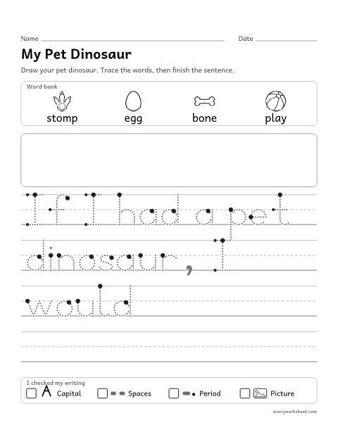 Preview of the printable “My pet dinosaur” worksheet: drawing and writing about an imagined event