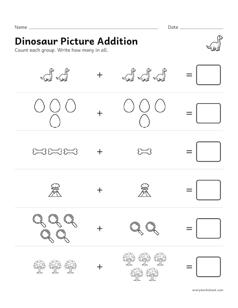 Preview of the printable “Dinosaur picture addition” worksheet: adding within 10 with pictures