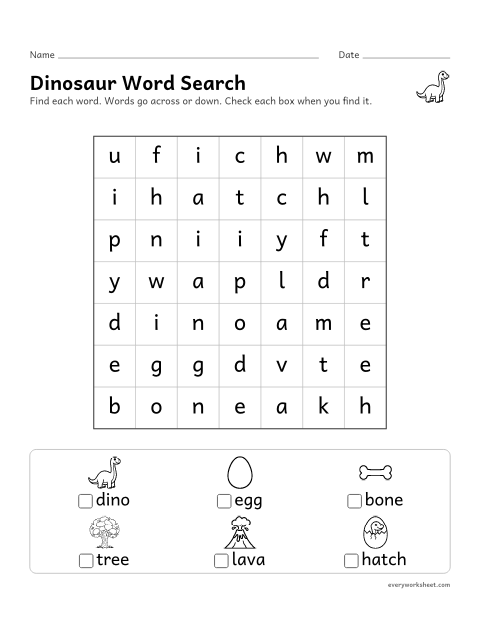 Preview of the printable “Dinosaur word search” worksheet: finding dinosaur words letter by letter