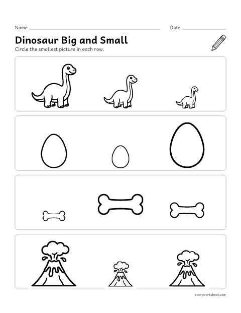 Preview of the printable “Dinosaur big and small” worksheet: comparing sizes and finding the smallest
