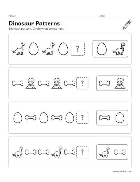 Preview of the printable “Dinosaur patterns” worksheet: finding what comes next in AB and ABB patterns