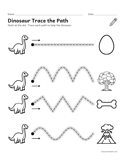 Preview of the printable “Dinosaur trace the path” worksheet: tracing straight, wavy and zigzag lines from left to right